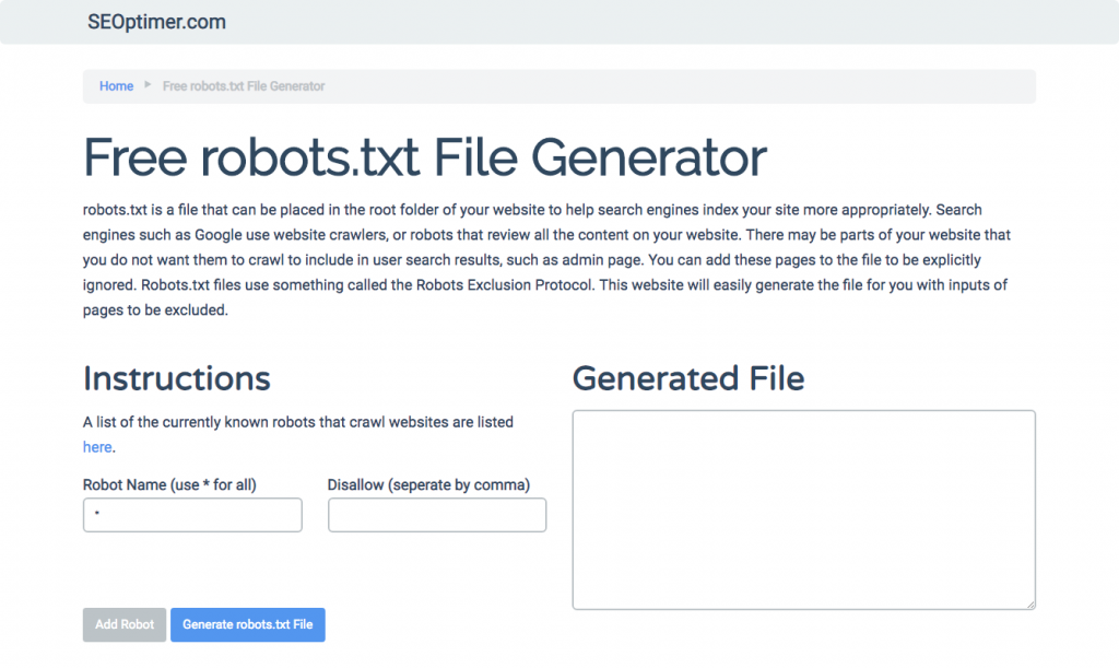 Generator robots.txt gratis SEOptimer